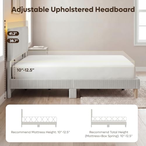 Bestier King Size Bed Frame with Headboard LED Light,Upholstered,Light Grey