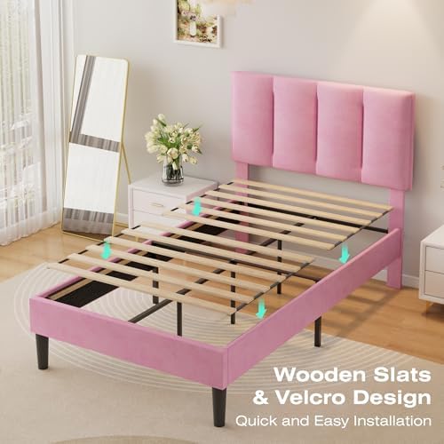 VECELO Twin Size Bed Frame with Upholstered Headboard, Velvet & Pink