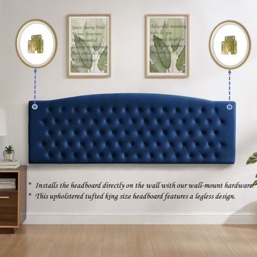 24KF Upholstered Tufted Button Velvet Wall Mounted Headboard,Comfortable Fashional Headboard King/CA King Size, 6058-K-Navy