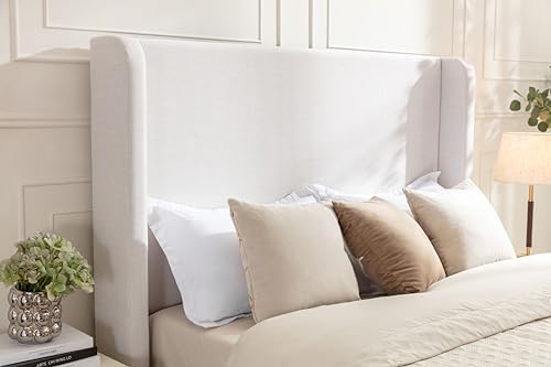 Queen 54" Tall Headboard Wingback Upholstered Platform Bed Frame Premium Elegant Simplicity for Bedroom King Bed Without Wooden Slats Box Spring Required Easy Assembly Textured Ivory Canvas