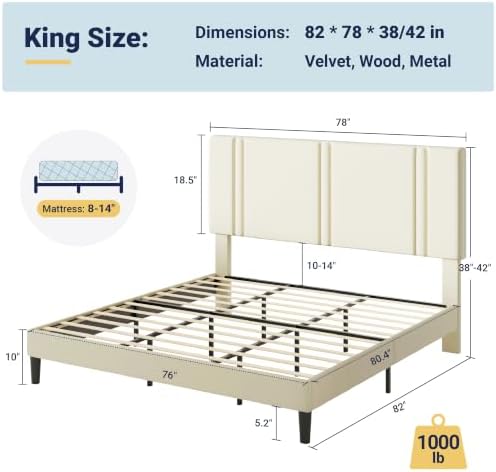 Allewie King Size Platform Bed Frame with Velvet Upholstered Headboard