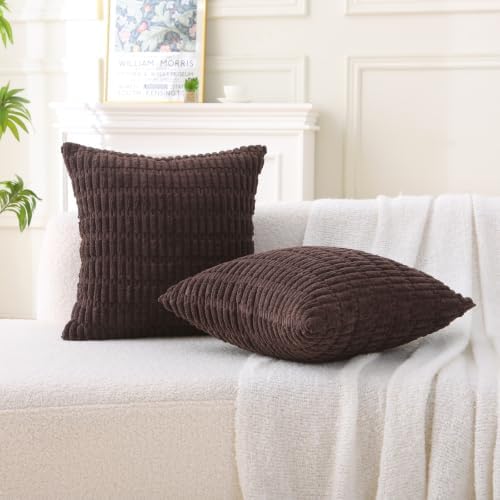 2 Pack Corduroy Decorative Throw Pillow with Inserts, 18x18 Inch Soft Boho Throw Pillow, Square Striped Throw Pillows for Couch, Bed, Sofa Decor