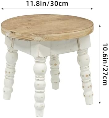 Vintage Solid Wood Step Stool, Round Farmhouse Wooden Stool, Easy Assembly for Kids, Plant Stand or Bathroom Kitchen French Country Shabby Chic Decor