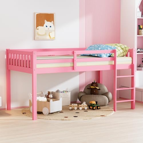 JOYMOR Low Loft Bed Twin Size with Stairs, Wooden Loft Bed for Kids, Junior，Young Teens，Pine Wood Twin Bed Frame, Space-Saving Design, No Box Spring Needed, Pink