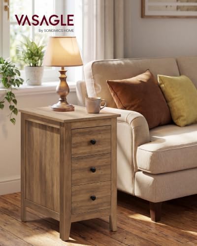 VASAGLE Side End Table with 3 Storage Drawers, Nightstand Farmhouse