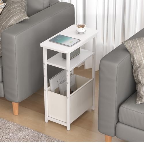 sthmec Narrow Side Table Set of 2, Skinny End Tables with Fabric Basket, Small Side Tables for Small Space,2-Tier Open Shelves with Basket, Slim Nightstands Set 2 for Bedroom,Livinroom,Office,White