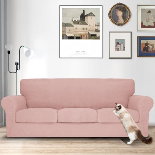 MAXIJIN 4 Piece Couch Covers for 3 Cushion Couch Sofa Covers, Stretch Couch Slipcovers for Sofas with 3 Cushions, Thick 3 Seat Furniture Protector for Dogs Pet (71"-91", Dusty Pink)