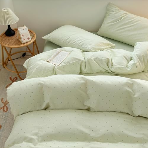 Polka Dot Duvet Cover Full Green Boho Comforter Cover Full Size Cotton Double Gauze Cutecore Pattern Duvet Cover Set with Zipper Chic Cozy Bedding Set for Girls Duvet Protector