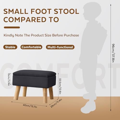 Storage Ottoman, Small Foot Stool Ottoman with Storage, Linen Foot Rest with Wood Legs, Footstool for Living Room, Bedroom, Entryway, Black