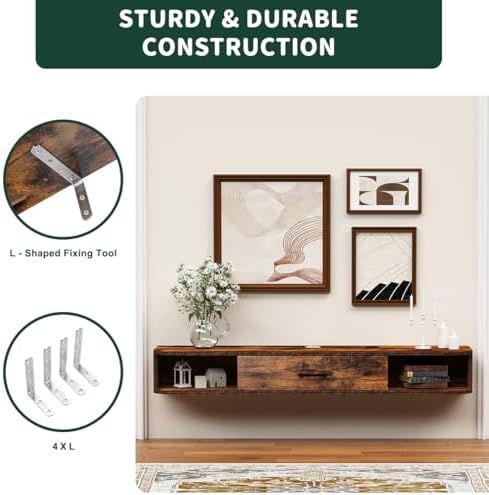 GHC Floating TV Stand, 55'' Wall Mounted TV Cabinet, Floating Shelves with Door, Media Console for DVD Player, Space-Saving Under TV Shelf for Bedroom & Living Room (Rustic Brown)