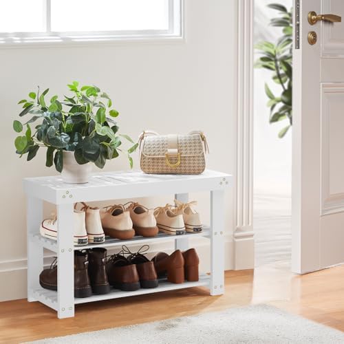 Pipishell 3 Tier Bamboo Shoe Rack Bench for Entryway, White