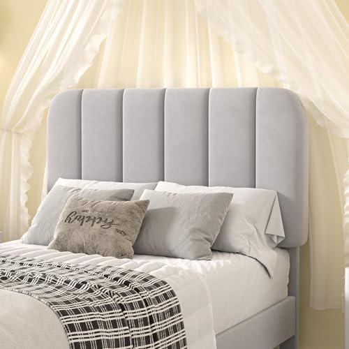 VECELO Twin Size Bed Frame with Upholstered Headboard, Velvet Platform Bedframe Mattress Foundation, Strong Wood Slat Support, No Box Spring Needed,Light Grey