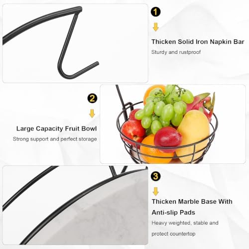 Livabber Countertop Fruit Basket Bowl with Banana Hanger, Modern Standing Fruit Vegetable Bowl Storage, with Banana Tree Holder for Kitchen Dinning Table (Round Marble, Black)