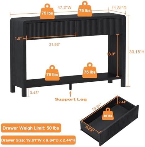 FATORRI Console Table with Storage for Entryway, 47.2 Inch Modern Black Sofa Table with 2 Drawers for Living Room, Wood Hallway Tables Behind Couch for Foyer, Bedroom, Dining