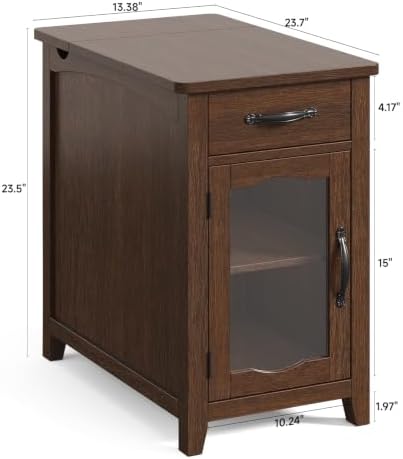 ONBRILL Rustic End Table with Charging Station, Narrow Side Table, Walnut