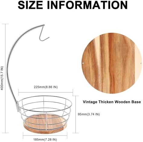 Livabber Countertop Fruit Basket Bowl with Banana Hanger, Modern Standing Fruit Vegetable Bowl Storage, with Banana Tree Holder for Kitchen Dinning Table (Round Wood, Chrome)
