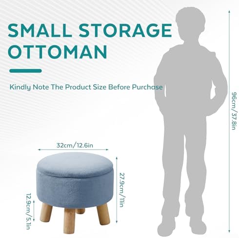 Small Foot Stool Ottoman with Storage, Soft Faux Fur Ottoman Foot Rest for Couch, Round Footstool with Storage, Small Ottomans and Footstools for Living Room and Entryway (Light Blue)