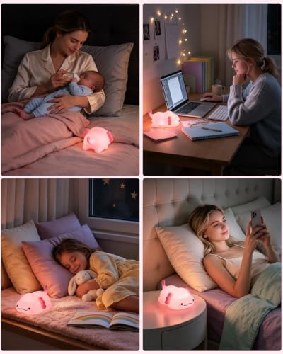 Fuloon Axolotl Night Light, 3-Level Dimming Silicone Touch Lamp with Rechargeable Battery & 30-Min Auto Timer, Cute Squishy Unicorn Whale Desk Decor, Funny White Elephant Gift for Adults Teens Kids