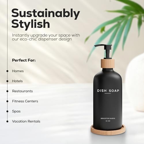 Black Glass Dish Soap Dispenser for Kitchen Sink by Brighter Barns - Modern Kitchen Soap Dispenser Set with Tray - Bamboo Bottle with Pump - Boho Home Decor, Modern Home Decor for Airbnb, Gift (Black)