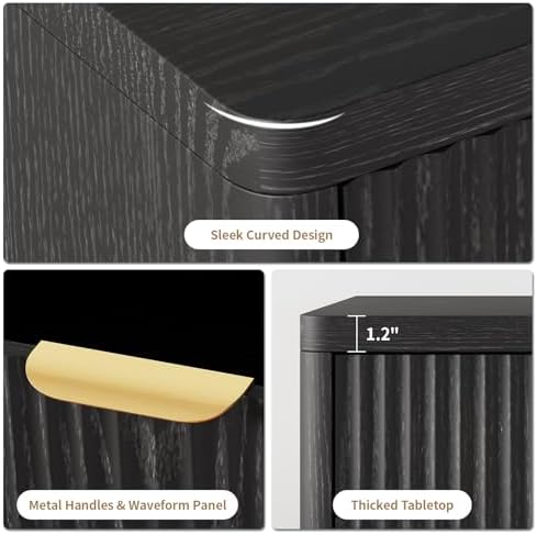 Fluted Nightstand Set of 2 with Charging Station,Drawer & Open Shelf,Black