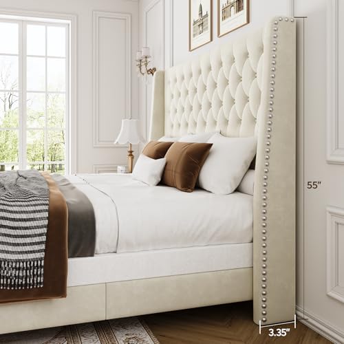 Queen Upholstered Bed Frame, 55.4'' Tall Headboard with Wingback