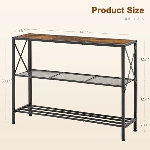 Hoctieon Industrial Console Table, 3 Tier Entryway Table, Hallway Table, Narrow Sofa Table with Shelves, Entrance Table for Entryway, Living Room, Foyer, Office, Rustic Brown&Black