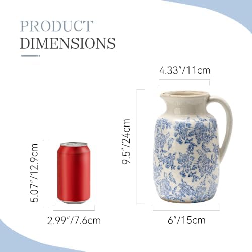 Ceramic Vintage Vase Flower Decorative Vase Chinoiserie Decor Rustic Farmhouse Retro Floral Vases for Table Bookshelf Mantel Kitchen Living Room Office - 9.5" Blue