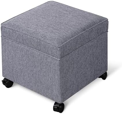 Adeco 17.5 Inch Square Storage Ottoman with Wheels, Modern Linen Upholstered Footrest Stool & Coffee Table with Flip Top Lid, Rolling Footstool for Living Room & Bedroom, Grey