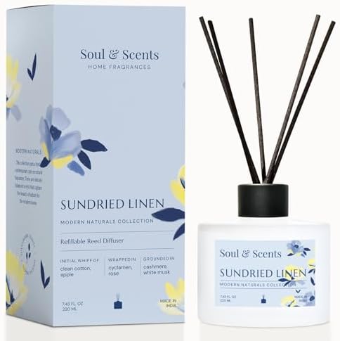 Soul & Scents Reed Diffuser Set – Sundried Linen | 7.43 oz Refillable Scented Oil with 6 Fiber Sticks | Long-Lasting Home Fragrance & Air Freshener for Bedroom, Bathroom, Office | Gift & Décor Piece