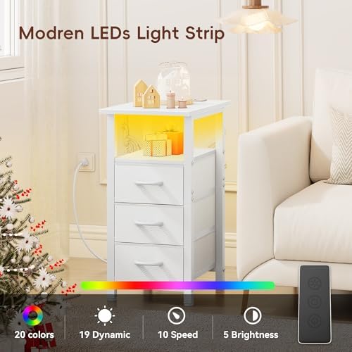 Vagusicc White Nightstand with Charging Station and LED Lights, Narrow End Table, LED Nightstand with 3 Fabric Drawers for Bedroom, Small Bedside Table, Narrow Side Table for Small Spaces, White