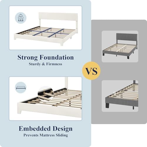 Allewie King Size Upholstered Bed Frame Adjustable Headboard, White