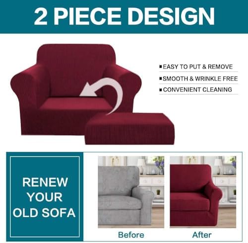 Turquoize 2 Piece Chair Covers Chair Slipcovers for Living Room Small Armchair Chair Cover with Arms Washable Furniture Cover for Chairs Feature Thick Jacquard Fabric (Small Armchair, Burgundy)