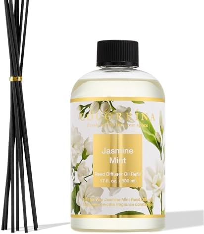 Cocorrína Reed Diffuser Refill Jasmine&Mint 17oz (500ml) with 8 Sticks - Premium Long-Lasting Scented Oil, Home Fragrance for Bedroom, Bathroom Home Decor