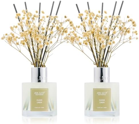 Airkeep Reed Diffuser 3.38 oz (100ml) 2pk, Clean Linen Scented Reed Diffuser Set,Reed Diffuser & Oil Diffuser Sticks, Aromatherapy, Airkeep Reed Diffuser Set Box 2-Clean Linen