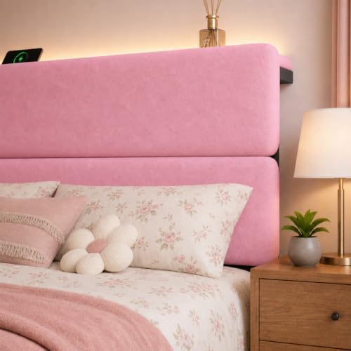 Queen Bed Frame with 2 Storage Drawers, Pink Velvet Upholstered