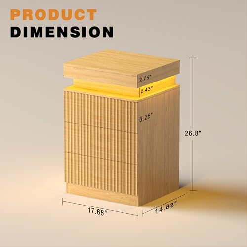 Nightstand Set of 2 for Bedroom, LED Nightstand with 3 Drawers and Charging Station, Mid Century Modern Fluted Nightstands, Bedside Tables & End Tables, Wood