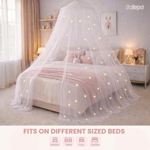 Bollepo Bed Canopy for Girls Bed with Glowing Stars - Princess Room Decor, Ceiling Net to Cover Toddler | Full, Twin Size Kids Bed, Fire Retardant Fabric (White - Stars)