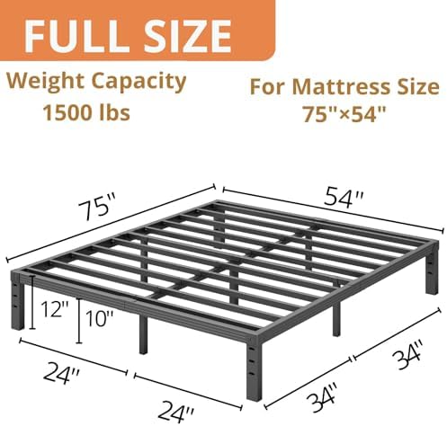 Full Bed Frames, 12 Inches Platform Bed Frame, 3500lbs Heavy Duty Steel Slat, Non-Slip Design, No Box Spring Needed, Easy Assembly, Quiet Noise Free, Under Bed Storage Space, Black