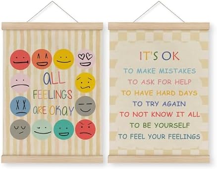 MAQIKA Boho Mental Health Poster Framed with Wood Hanger, Boho Classroom Hanging Wall Decor, Feeling Chart Emotions Canvas Wall Art Paints for Therapy Counselor Office Classroom, 12x16 Inch Set of 2
