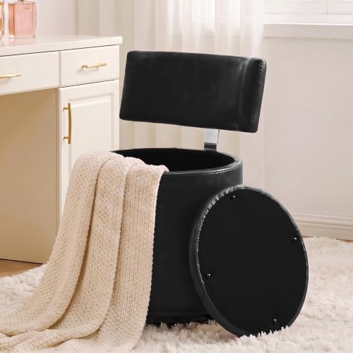 Swivel Vanity Chair with Storage, Faux Leather Makeup Stool with Higher Back for Living Room, Bedroom, Dressing, Black