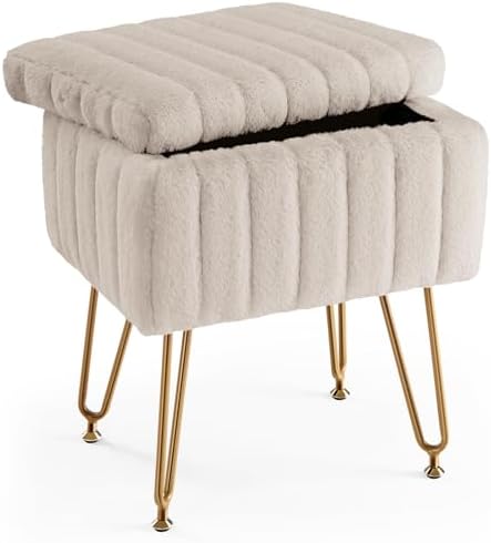 DUMOS Vanity Stool Chair, Ottoman with Storage, Makeup Cute Soft Small Footstool, Modern Style Faux Fur Seat with 4 Metal Legs & Adjustable Feet for Dressing, Living Room Bedroom Dorm, Taupe