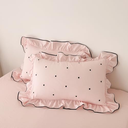 Black Polka Dot Duvet Cover Queen 3-Piece Vintage Pink Ruffled Bedding Set