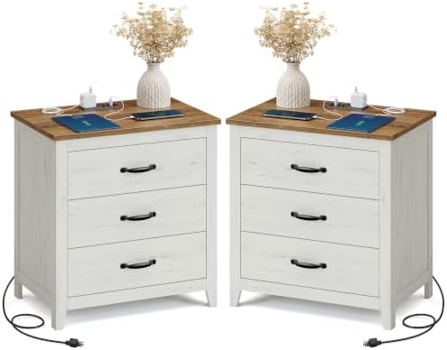 VASAGLE Farmhouse Nightstand with Charging Station, Set of 2