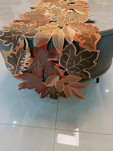 Fall Leaf Embroidered Table Runner 87 Inches for Thanksgiving and Autumn Harvest Decoration (16''x87'', Coffee Colored Maple Leaves)