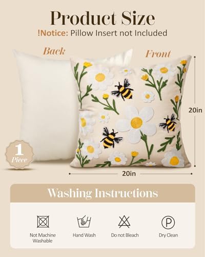 Embroidered Throw Pillow Cover 20x20 Inch, Flower Bee