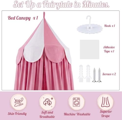 Bed Canopy with Scalloped Edge, 2 Panel Striped, Dusty Pink