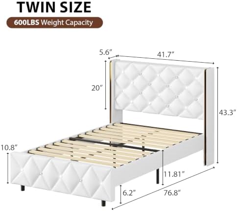 HOMBCK Twin Size Bed Frame with Leather Headboard, Goldside Wingback, White