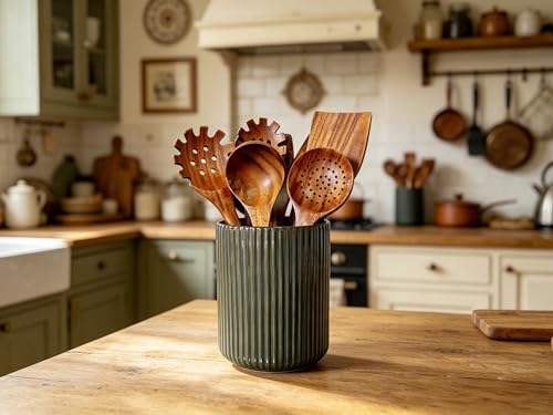 Large Stoneware Kitchen Utensil Holder for Kitchen Counter & Countertop Cooking Utensil Holder Spatula Holder Utensil Crock for Kitchen Counter Vertical Ribbed Fluted Stripe (Retro Bronze)