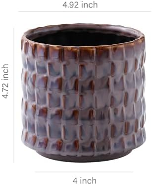 Utensil Crock Kitchen Utensil Holder, 5 Inches Small Ceramic Utensil Holder for Countertop, Unique Embossed Checkered Pattern, Cooking Utensil Crocks for Kitchen, Home Decor Gift 1 PC Plum Bronze