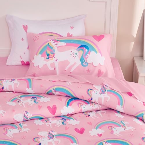Joiedomi Kids Comforter Set Bedding Set for Boys Girls Super Soft Microfiber Bed in a Bag with Comforter Sheets Pillowcase Sham, Pink Unicorn Rainbow, Twin